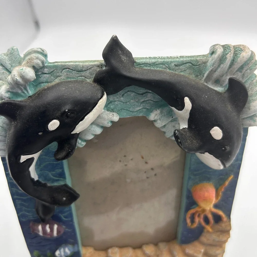 Orca Whale Octopus Ocean Life 3D Resin Picture Frame Nautical Coastal Decor Blue